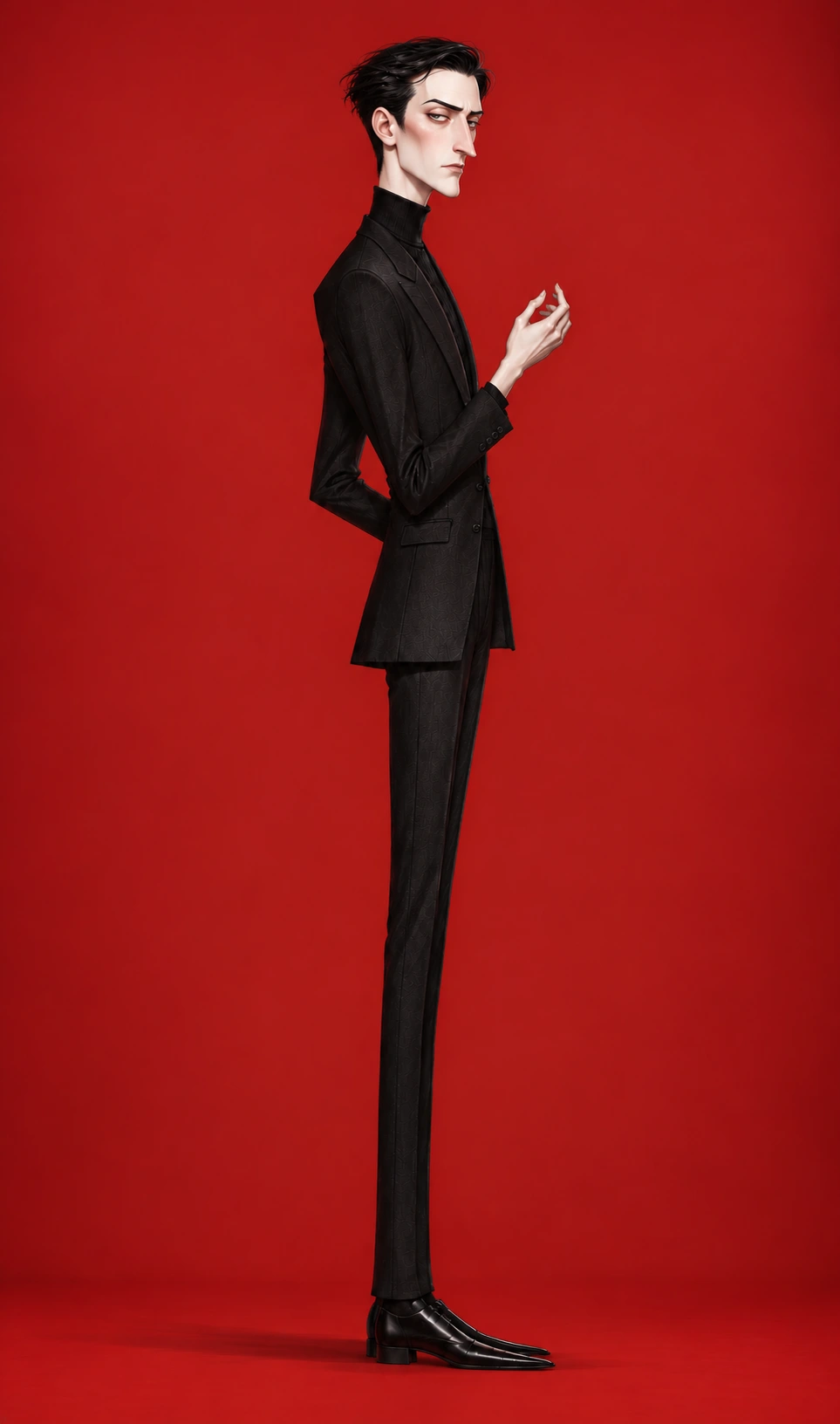 Hugh’s full long silhouette, fitted black suit, poised hand and pointed shoes in the three-quarter study.