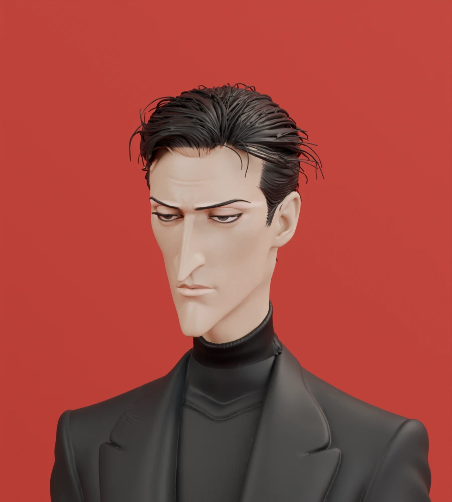 Early Blender material study of Hugh with swept sculpted hair, narrowed eyes and a black turtleneck against red.