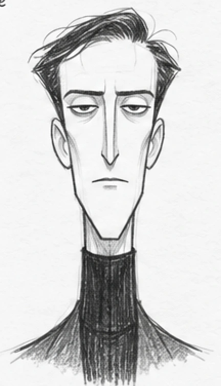Front construction drawing of Hugh’s long face and severe expression.