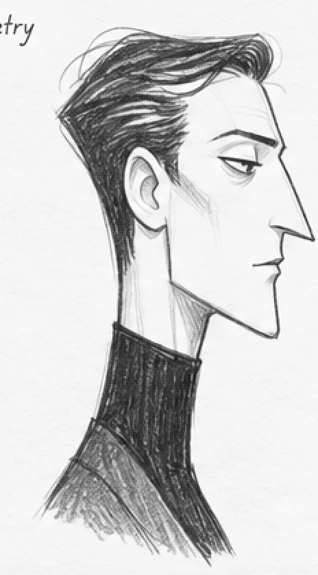 Profile construction drawing of Hugh’s nose, chin and upright neck.