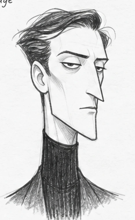 Three-quarter construction drawing of Hugh’s cheek and hair silhouette.