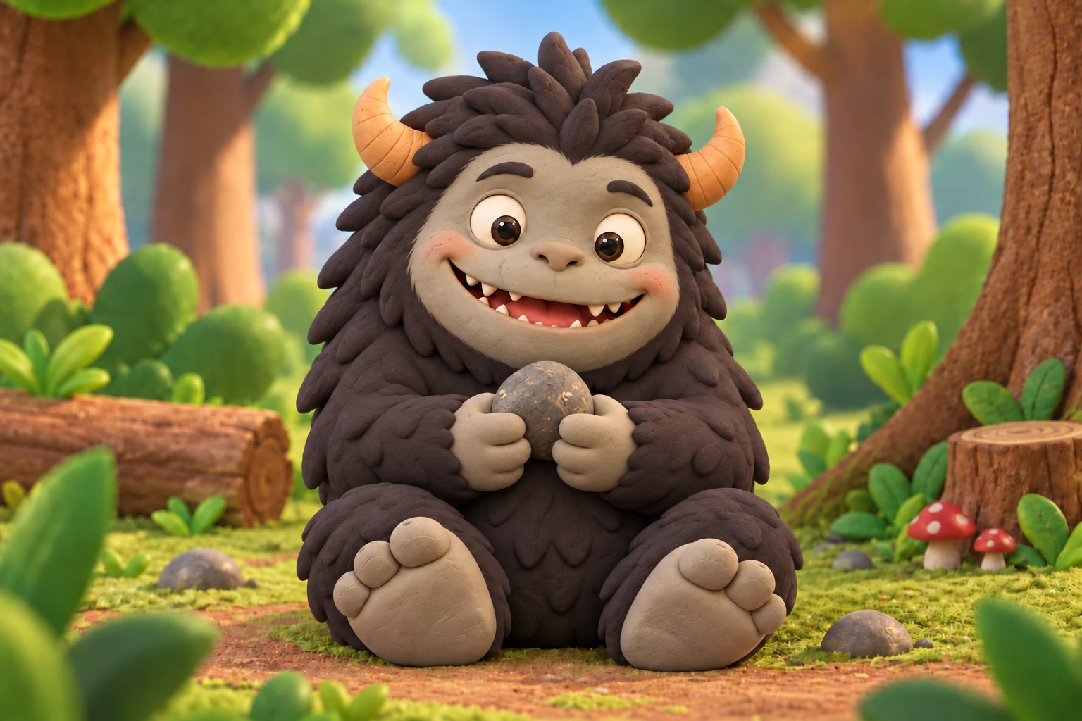 A soft horned clay creature with crooked teeth holding a small rock in a sunlit forest.