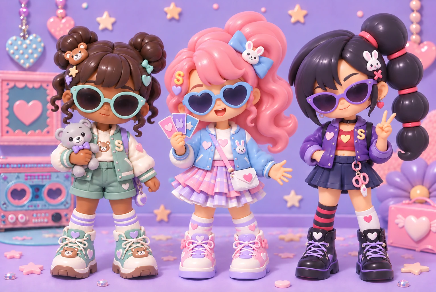 Da girlz: Rock holding a teddy, Paper with cards and an open hand, and Scissors making a two-finger gesture.