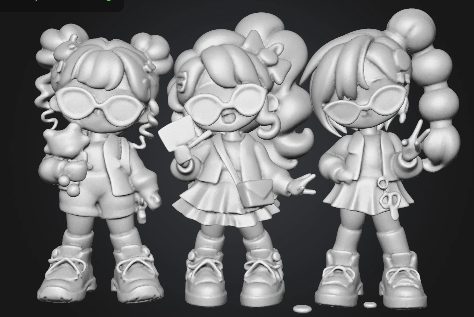 The first rough grey 3D proof of all three girlz.