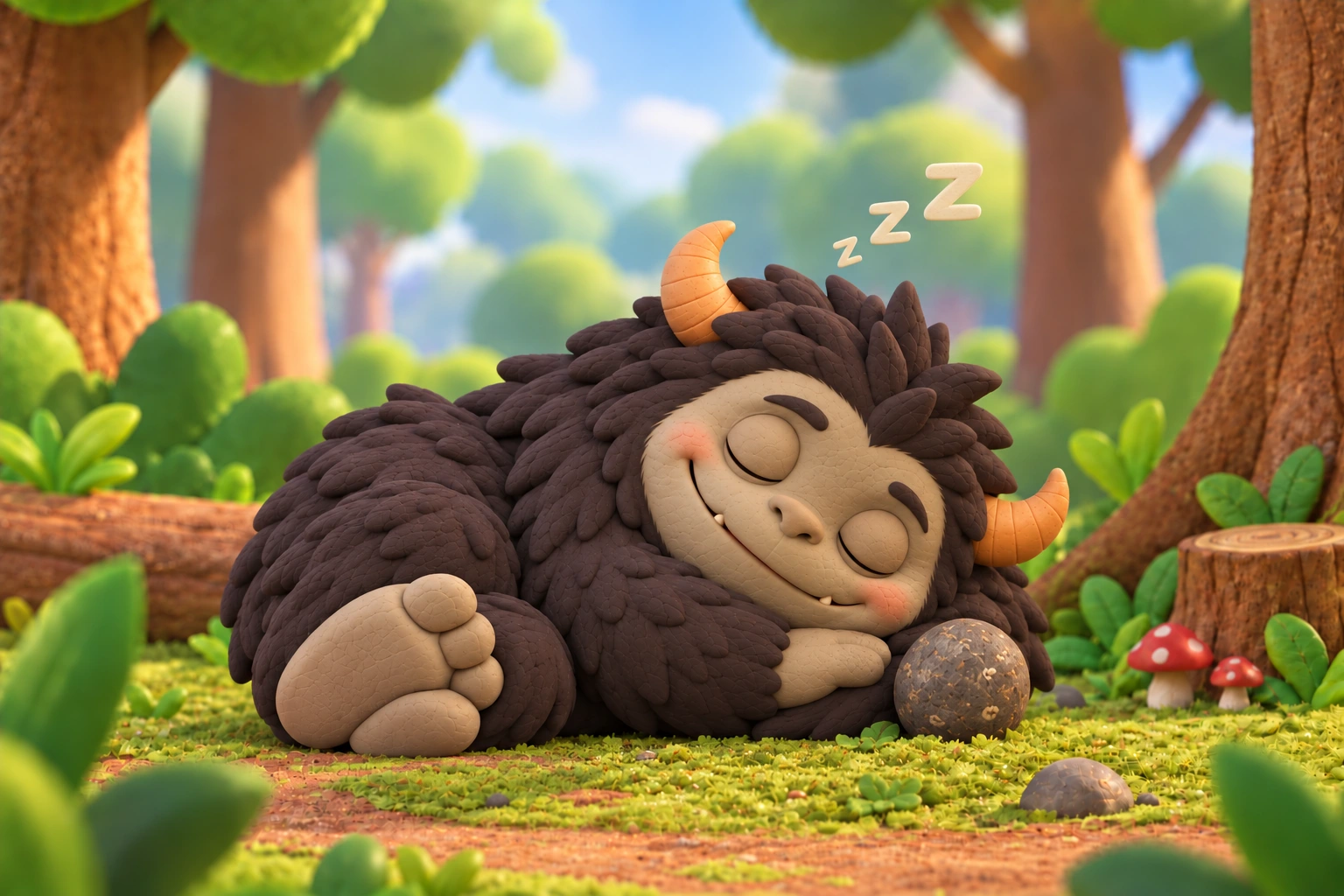 Probaboracle sleeping in the forest with his rock beside him.