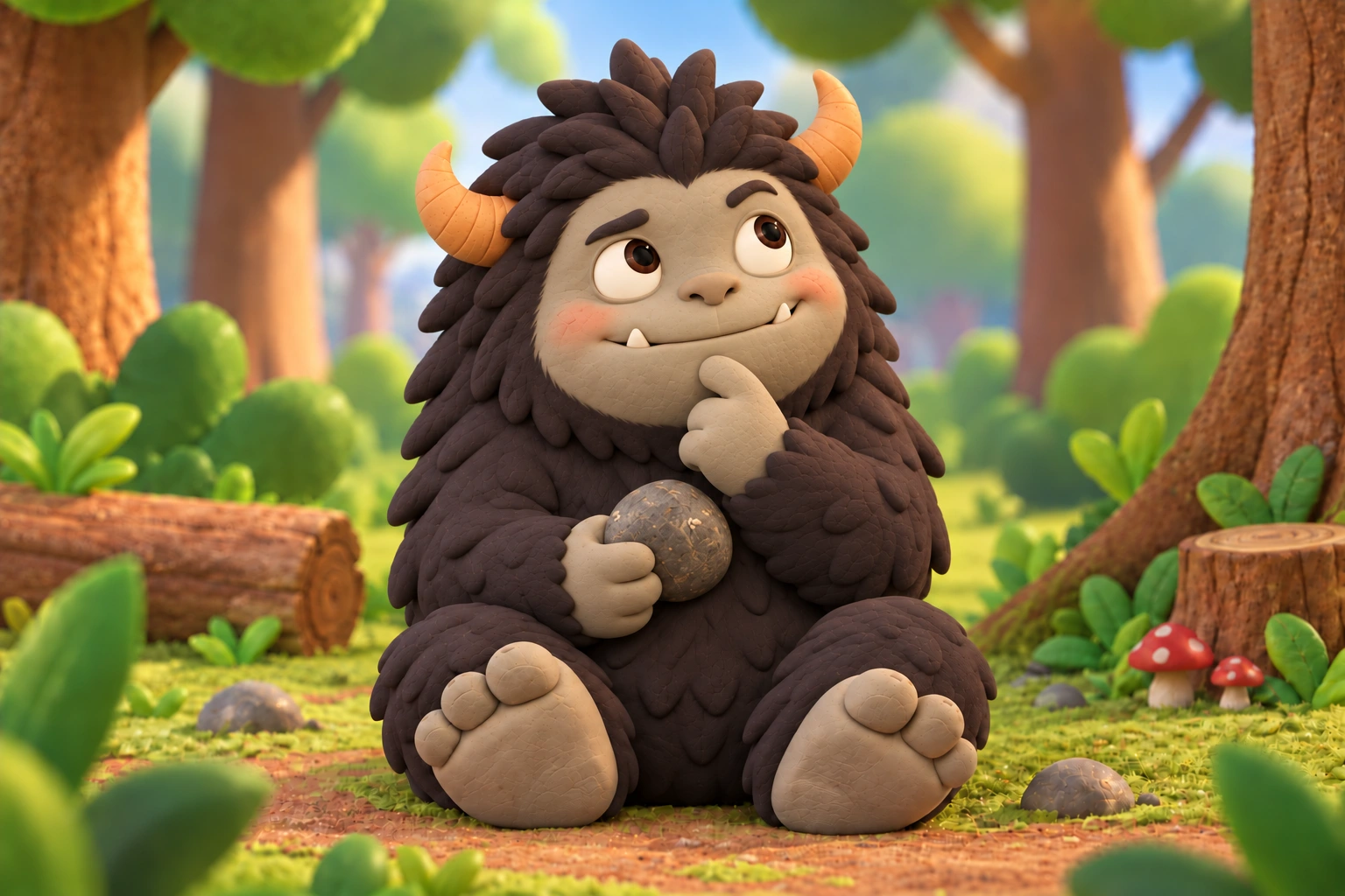 Probaboracle looking upward with a finger on his chin and his rock held close.