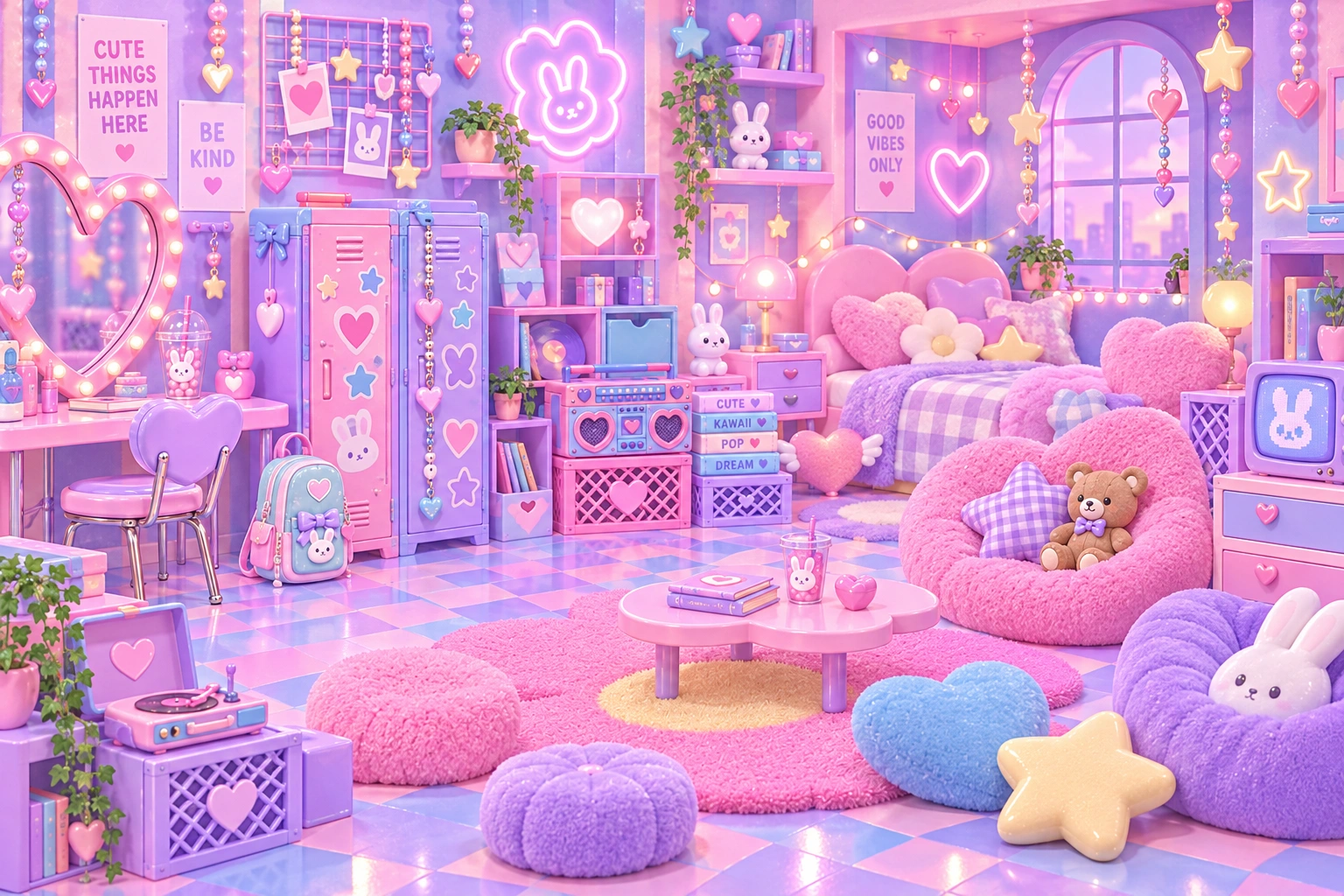 An expanded pink and lilac room study with heart furniture, lockers, stars and a boombox.