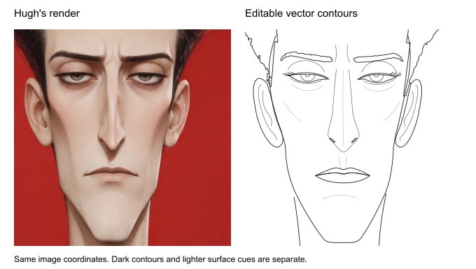 Hugh’s front portrait beside the approved editable vector contours of his face.