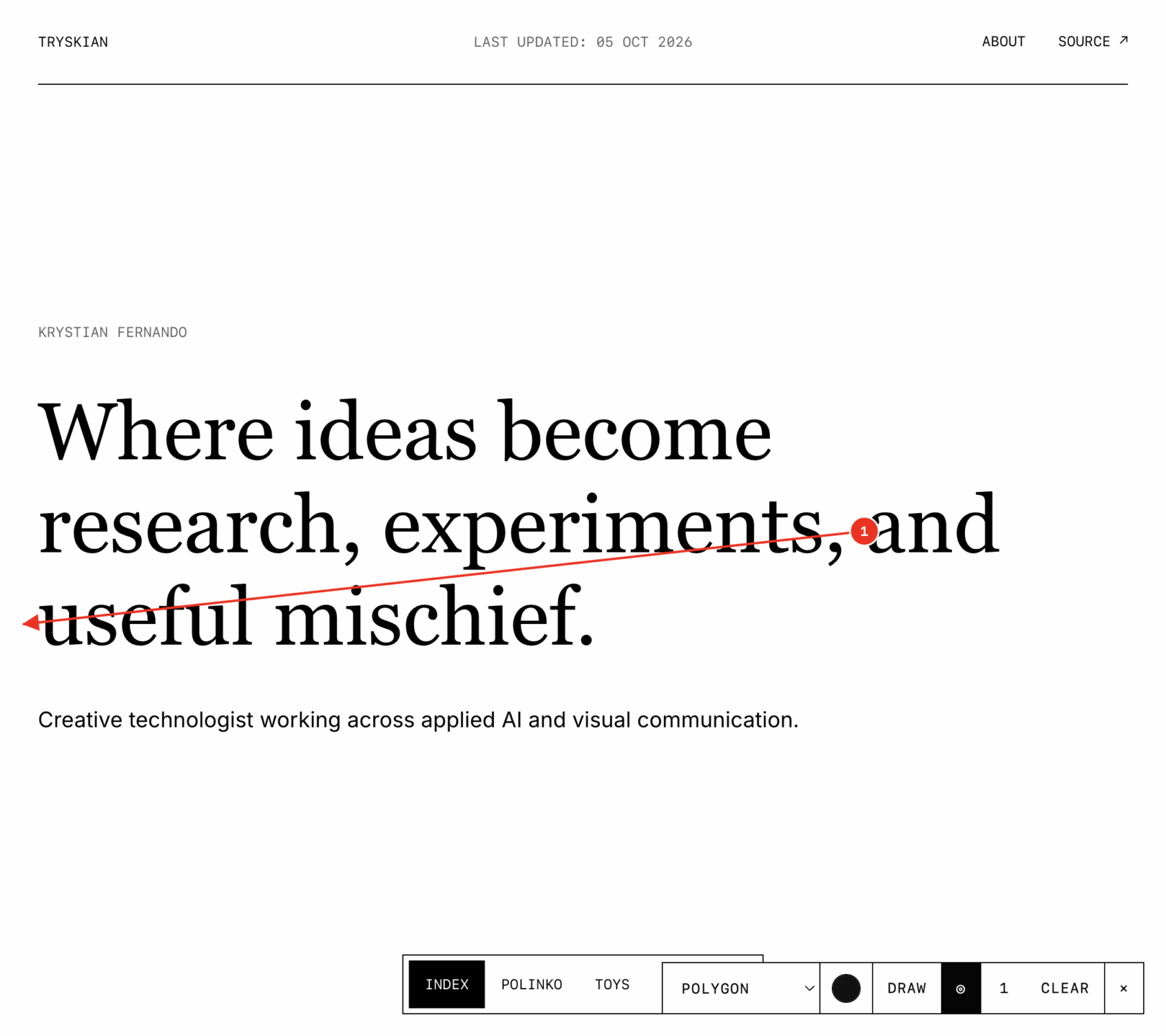 An early version of this portfolio, with a red DevNotes arrow asking to move “and” from the end of the second headline line to join “useful mischief.”