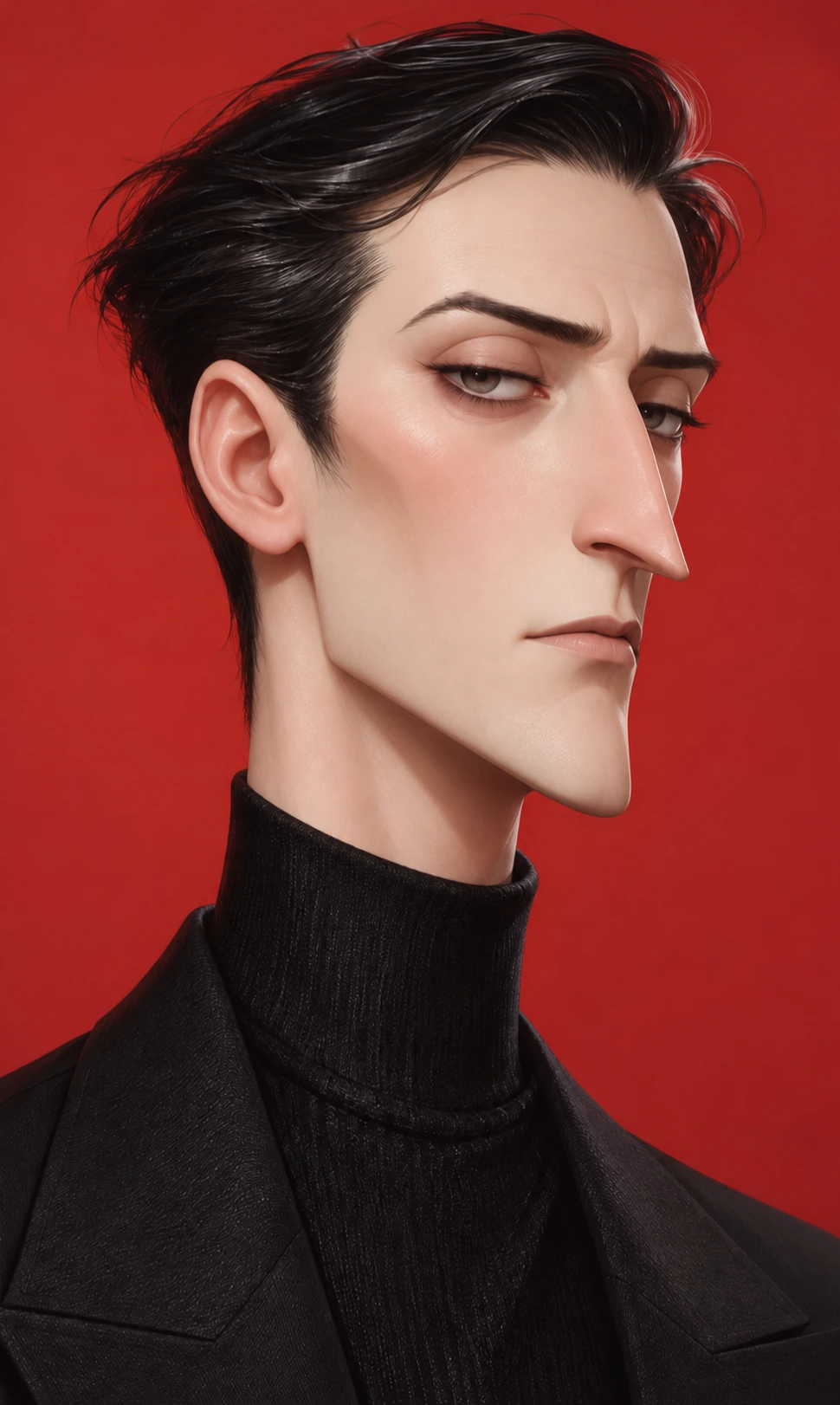 Hugh’s portrait against a red background, with swept-back dark hair, a black turtleneck and a sharply tailored jacket.
