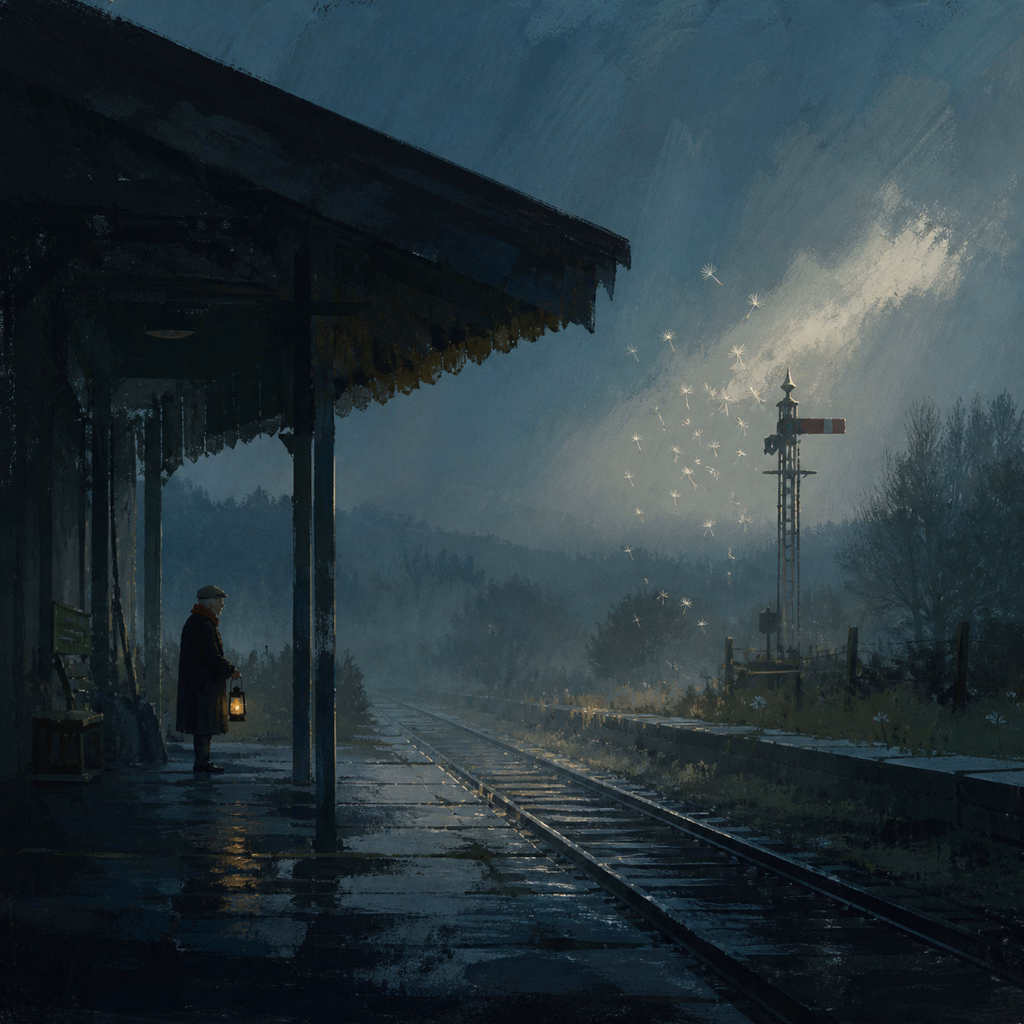 A keeper and lantern on a rainy railway platform. Small illuminated details are distributed across the image.